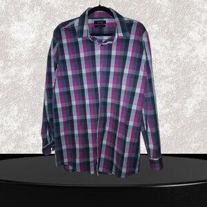 A Apt. 9 Men's Pink, Gray, and White Plaid Long-Sleeve Button-Down Shirt